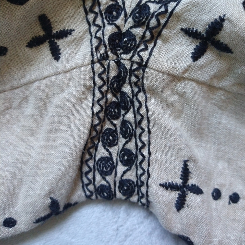 LOFT 100% Linen Khaki Tan Black Embroidered Sleeveless Romper Pockets Boho - Picture 13 of 13